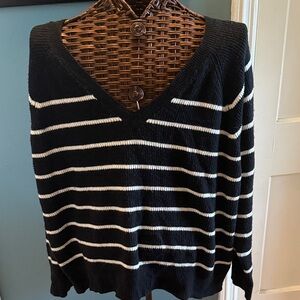 Classic Black and White Striped V-Neck Womens Sweater